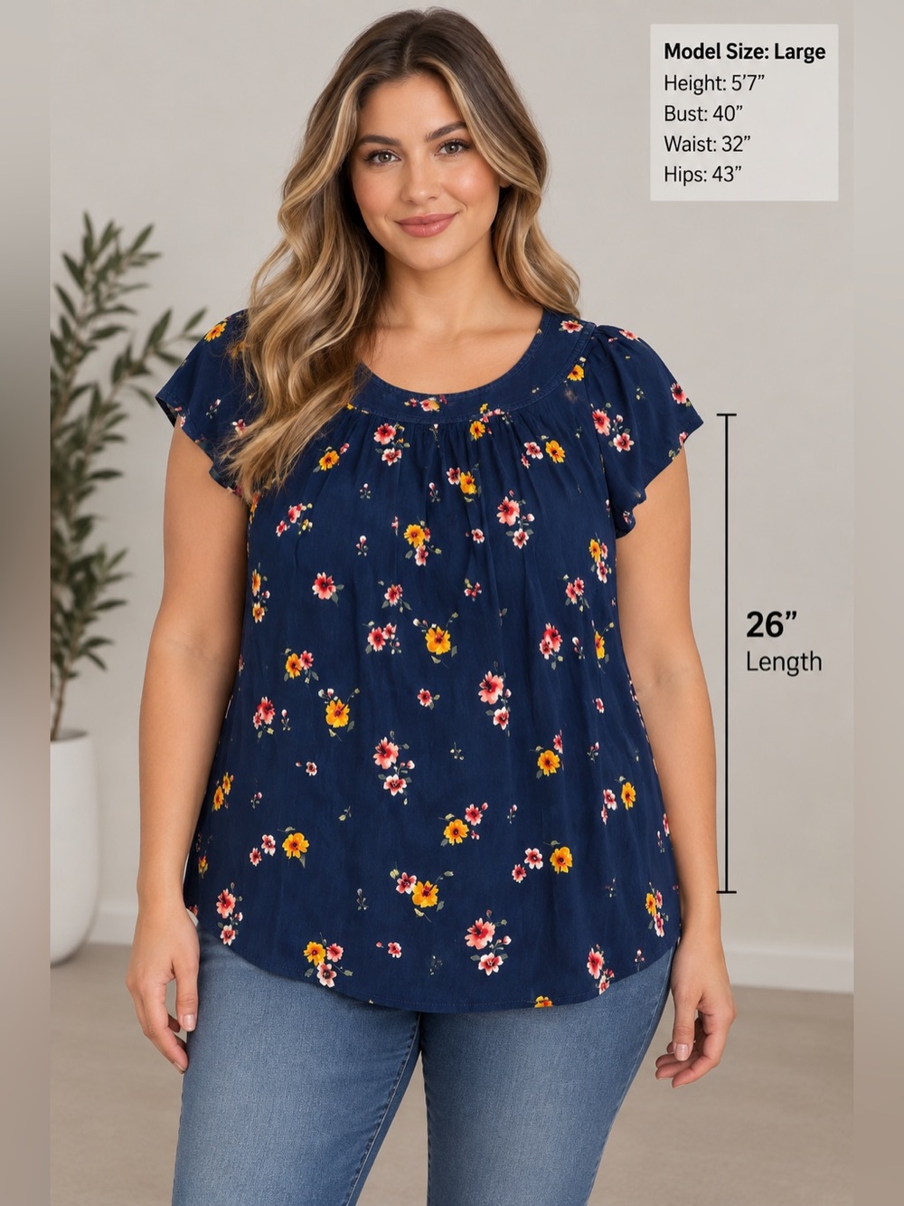 St. John's Bay Women's Large Navy Blue Floral
Blouse - Short Sleeve